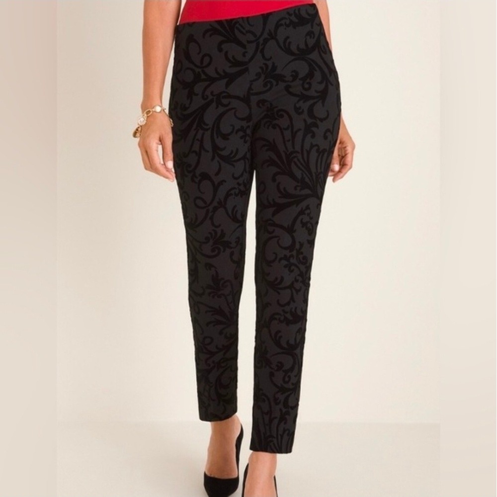 Chico's So Slimming Juliet Pant Women 8 Black Flocked Ankle burnout office